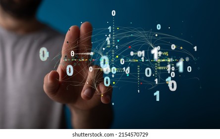 A hand pointing to digital binary codes - the concept of lines and futuristic data flow 3D rendering