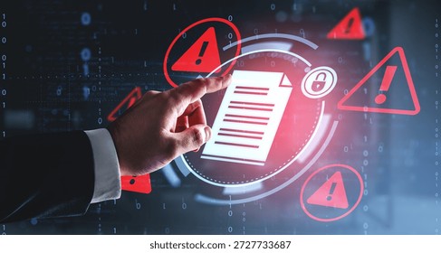 Hand pointing at digital document with warning symbols on futuristic background, creative concept of cybersecurity threat and data protection alert