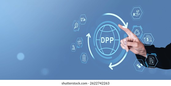 Hand pointing at digital product passport icon with various related icons in blue graphic style on gradient background, concept of data traceability