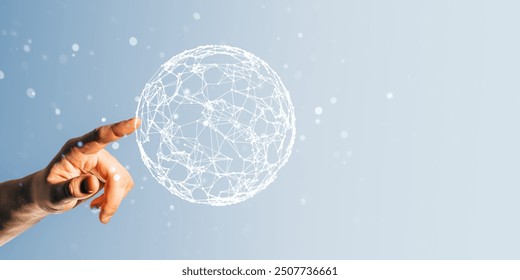 Hand pointing at a digital wireframe globe on a light blue background. It represents global connections, technology, and network concepts - Powered by Shutterstock - Get 15% off with code: PIKWIZARD15