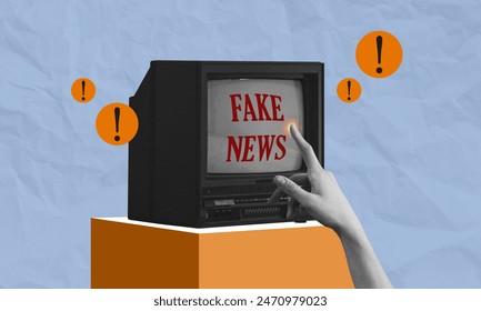 Hand Pointing at Fake News on Vintage Television Screen Collage Art. Floating exclamation mark, contemporary art. - Powered by Shutterstock