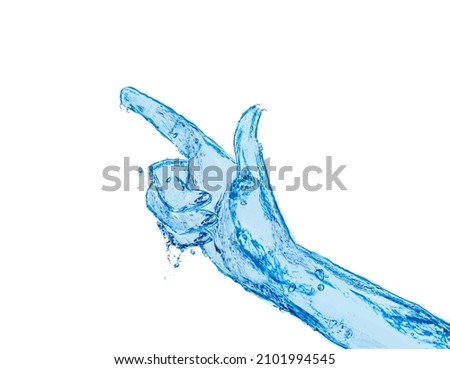 Hand pointing with finger made of water isolated on white mixed media illustration concept