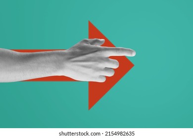 Hand pointing finger, with red arrow. Digital collage modern art. - Shutterstock ID 2154982635
