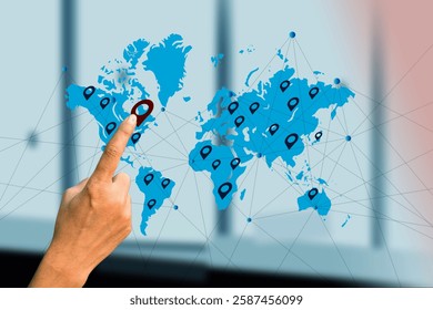Hand Pointing at Global Navigation Icon on Digital World Map  GPS, Location, and Connectivity Concept