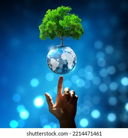 Hand Pointing Growing Tree On Crystal Ball With Technological Convergence Blue Background. Innovative Technology, Nature Technology Interaction, Environmental Friendly, IT Ethics, And Ecosystem.