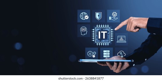 Hand pointing at IT icon above tablet, surrounded by tech symbols in digital style, on dark gradient background, concept of information technology