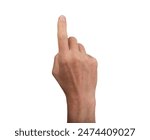 Hand pointing up with index finger, isolated on a white background. Ideal for concepts of touch, selection, and pressing. Right hand, close up view, showing gesture and