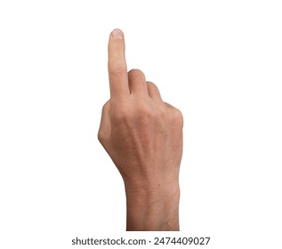 Hand pointing up with index finger, isolated on a white background. Ideal for concepts of touch, selection, and pressing. Right hand, close up view, showing gesture and