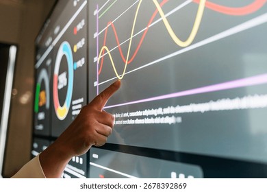 Hand pointing at interactive dashboard with analytics graphs and charts on a large touchscreen display, highlighting data trends and performance metrics in a modern digital workspace.