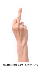 hand pointing up middle finger, concept of rude hand sign or hand gesture, studio isolated