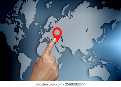 Hand Pointing at Navigation Pin on World Map – Global Location, GPS, Travel, Direction, Destination, Technology, Business, Networking, Digital Mapping, Geo Position, Exploration, Navigation Concept