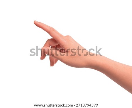 Hand pointing or pressing imaginary screen, isolated on white background. High quality studio shot.