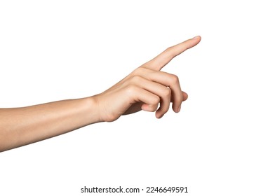 Hand pointing at screen on isolated background.