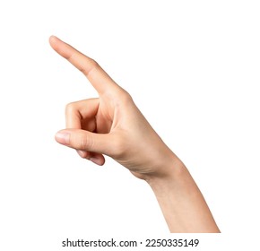 Hand pointing at screen on isolated background.