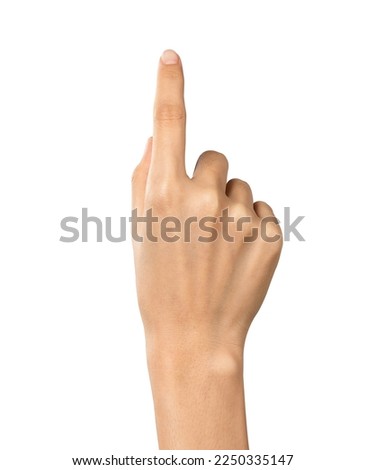 Hand pointing at screen on isolated background.