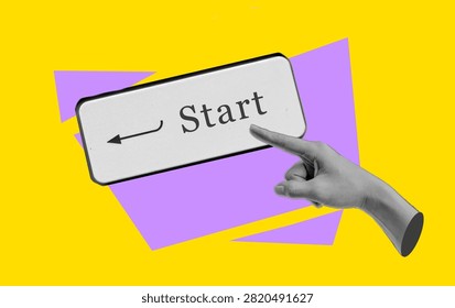Hand pointing at a start button representing new beginning, business launch, first step, opportunity and motivation concept.