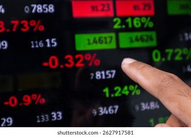 Hand pointing to stock market financial data interface on screen