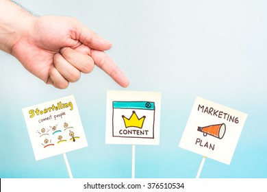 Hand Pointing Storytelling, Content And Marketing Plan Notes. Digital Marketing Concept.