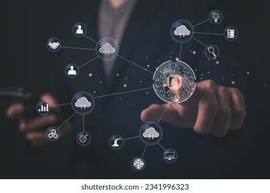 Hand pointing with virtual artificial intelligence with changing cloud computing technology. cloud technology storage The concept of networks and internet services.