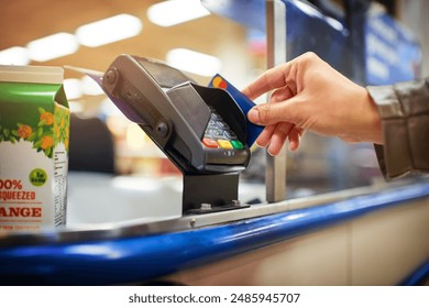 Hand, pos machine and credit card for fintech, swiping and account funds for access, money or banking. Debit, person and cashless purchase with e commerce, payment or sale on digital scanner in store - Powered by Shutterstock - Get 15% off with code: PIKWIZARD15