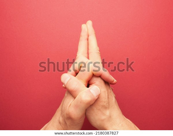 Hand position for mudra no. 7 in Jin Shin Jyutsu,\
alternative healing method or self-help concept, Asian medicine,\
awareness raising