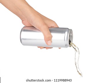 Hand Pouring Beverage From Metal Can Isolated On White Background