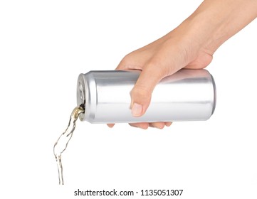 Hand Pouring Beverage From Metal Can Isolated On White Background