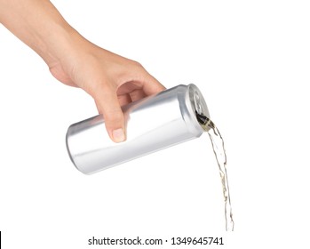 Hand Pouring Beverage From Metal Can Isolated On White Background