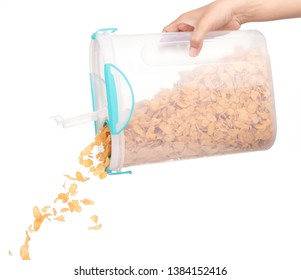 Hand Pouring Cereals From Container Box Isolated On White Background