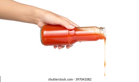 Hand Pouring Chili Sauce From Bottle Isolated On White Background