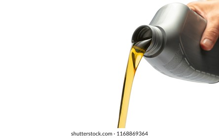 hand Pouring oil lubricant motor car from a bottle on isolated white background