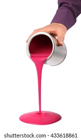 Hand Pouring Red Pink Paint From Tin Can Isolated On White