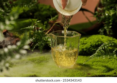 A hand pours golden tea into a glass beaker, surrounded by lush green foliage and soft mist, under warm, ambient lighting. - Powered by Shutterstock