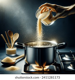 . Hand pours using a transparent cup breadcrumbs into a silver pot with black handles with boiling water that cooks on a lit hob in a modern kitchen. The boiling, bubbling water in the pot can be clearly seen