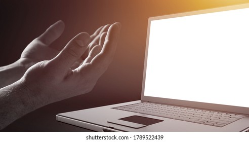 Hand Praying With Laptop, Church Online Concept