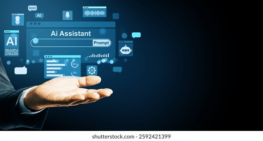 Hand presenting AI assistant interface, digital style, dark background, concept of technology and support