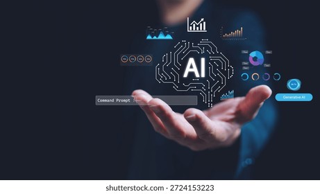 Hand presenting artificial intelligence interface with AI brain icon, data charts, command prompt, representing generative AI, data analytics, machine learning, modern business technology innovation.
