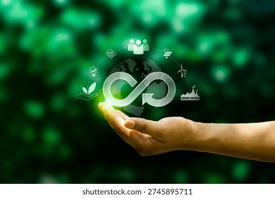 Hand presenting circular infinity symbol over globe with sustainability icons, representing circular economy, ESG strategy, renewable energy, and corporate responsibility for a greener future