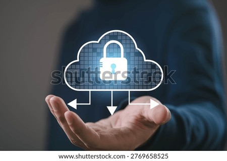 Hand presenting a cloud security icon with padlock symbol representing secure cloud computing, data protection and cybersecurity network. digital privacy, secure data storage and technology protection