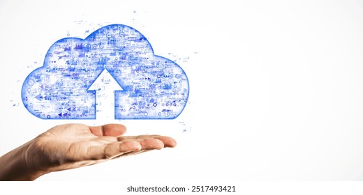 Hand presenting a digital cloud with an upload icon. Light gradient background, emphasizing cloud technology and data storage concepts