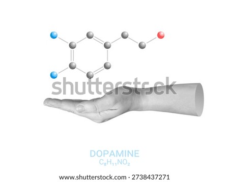 Hand presenting dopamine molecule structure, motivation and reward system chemistry concept. Part of series.