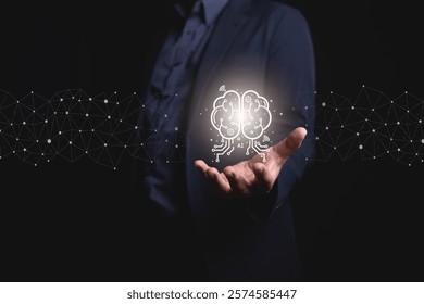 A hand presenting a glowing AI brain concept, surrounded by neural network connections, symbolizing artificial intelligence, innovation, and advanced computing.