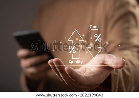 A hand presenting quality and cost comparison icons, symbolizing value optimization, cost efficiency, quality management, business decision making, pricing strategy, and performance improvement.