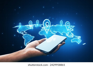 A hand presenting a smartphone with digital global network connection and location pins on world map background