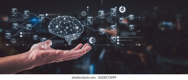 A hand presents a futuristic digital interface featuring a networked brain and interconnected documents, virtually displayed over a nighttime city skyline.