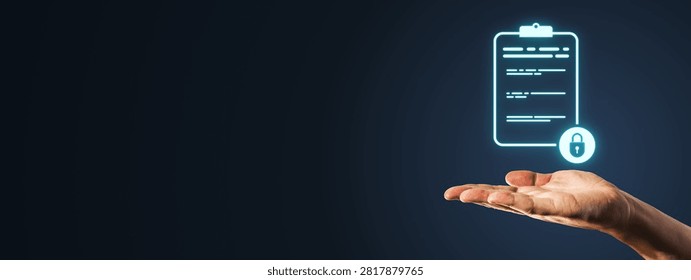 Hand presents a glowing secured document and padlock in a clean neon style on dark background, conveying privacy protection