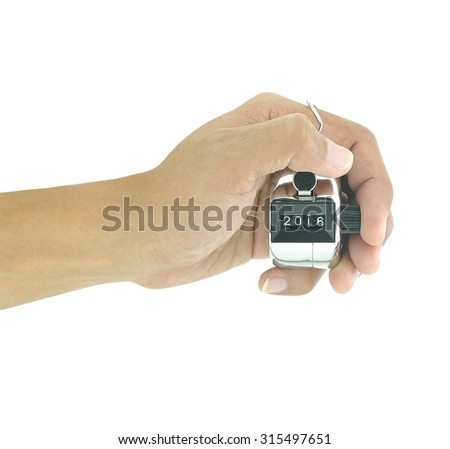 Hand press count meter at 2016 on white background with clipping path