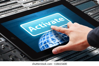 Hand Press On Activate Button On Tablet : Elements Of This Image Furnished By NASA