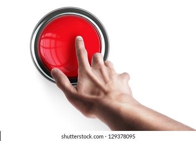 hand press on big Red button isolated on white background High resolution. 3D image