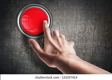 Hand Press On Big Red Button Grounge Background. High Resolution 3d Render